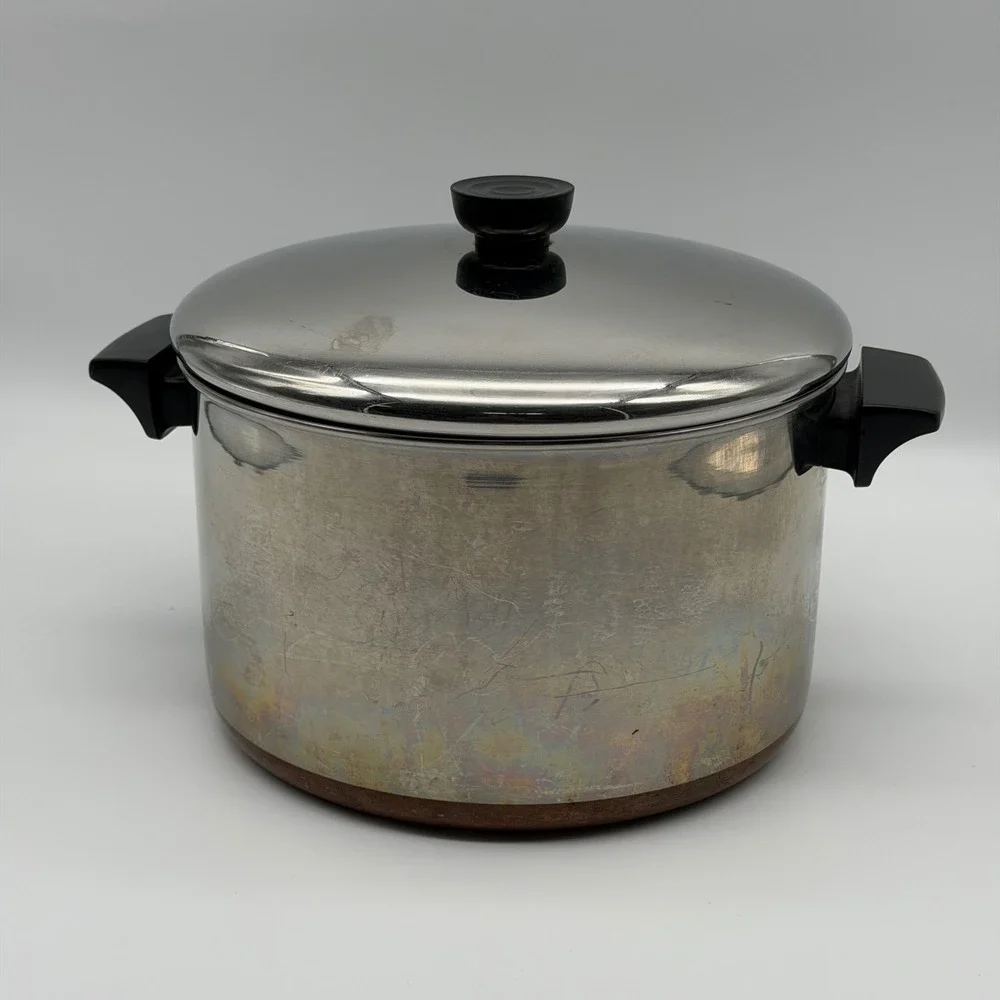 Vintage 1801 Revere Ware 6-Quart Copper Bottom Stainless Steel Stock Pot w/ Lid